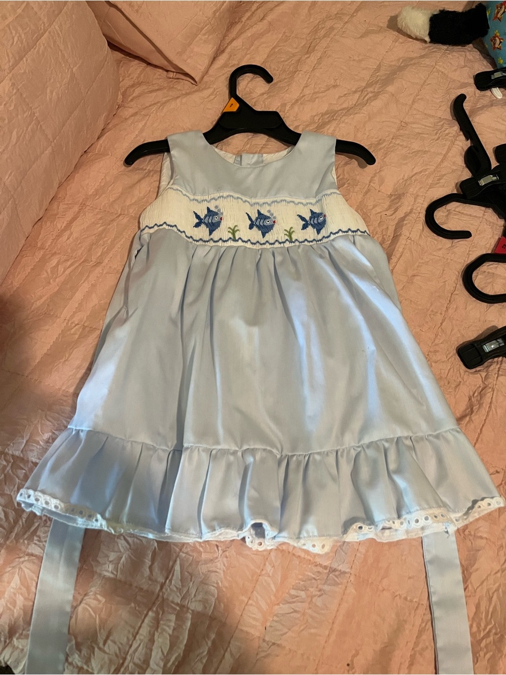 Light Blue Smocked Fish Embroidered Girls Sundress
